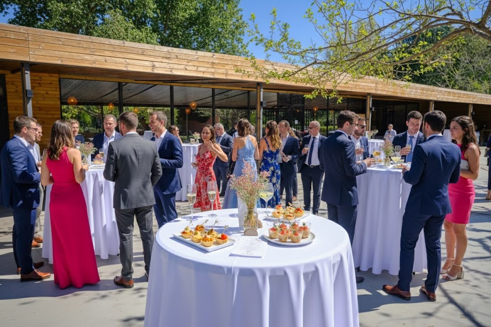 Invitados disfrutando de un cóctel de bienvenida en la terraza exterior del restaurante La Maquetta, en Torrelles de Llobregat.