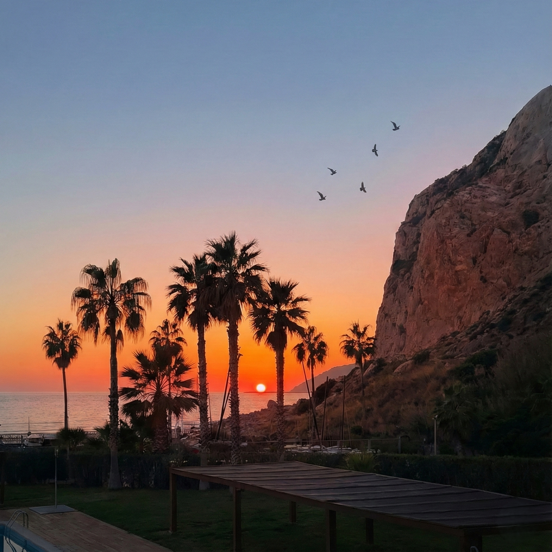 Espectacular puesta de sol con palmeras y vistas al mar desde el restaurante para boda en la playa El Nàutic (Garraf)