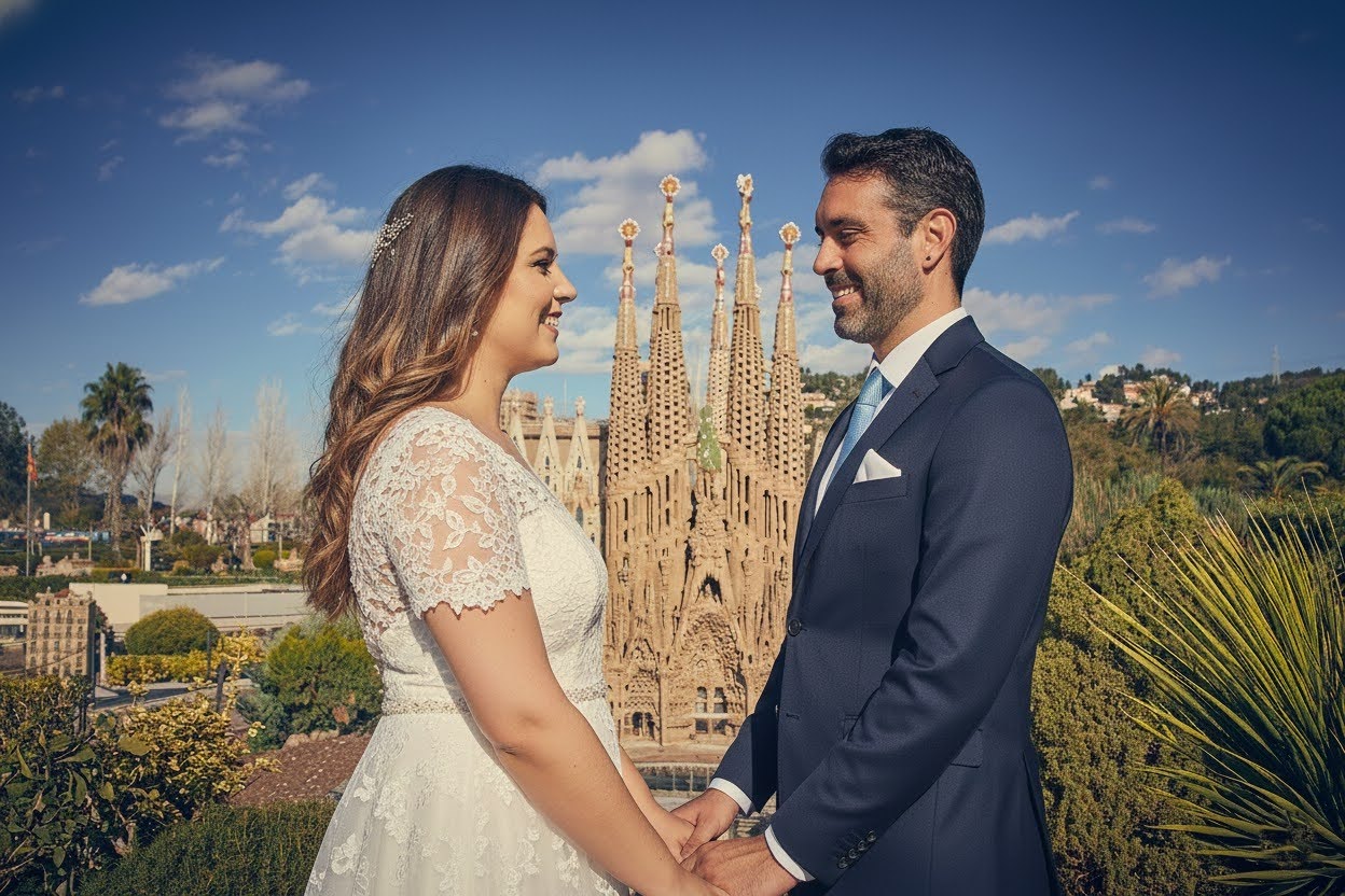 Pareja de novios frente a la maqueta de la Sagrada Familia en el restaurante para bodas La Maquetta, dentro de Catalunya en Miniatura.