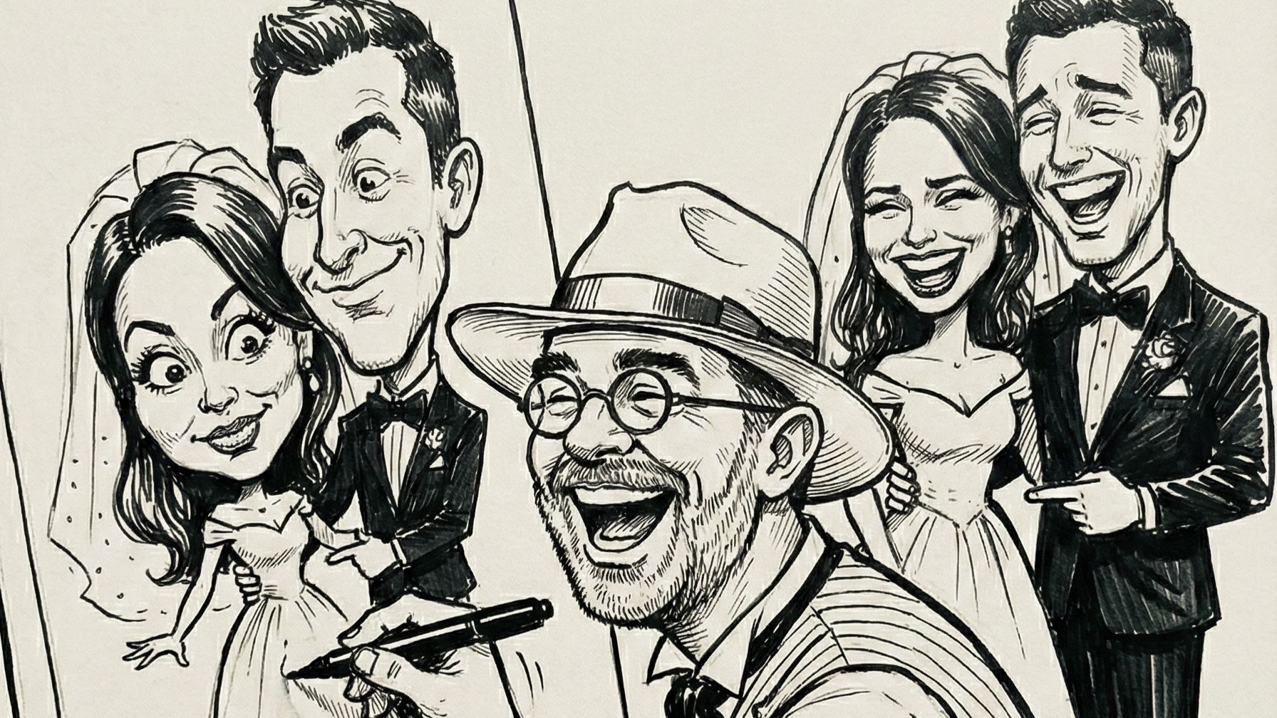 Caricaturista profesional para bodas Bié realizando dibujos humorísticos en directo para los invitados de un evento en Barcelona.