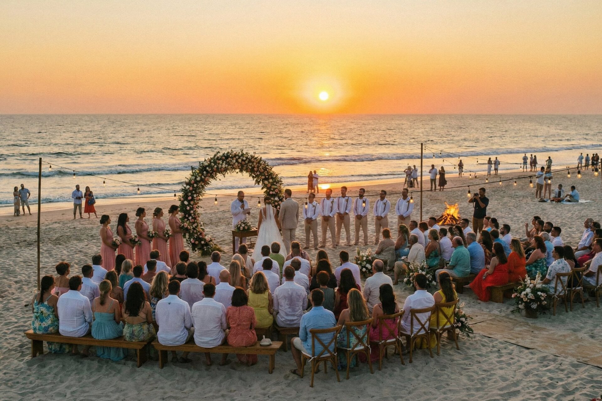 Pareja de novios en una ceremonia de boda civil en la playa al atardecer con altar decorado con flores y sillas blancas en Barcelona.