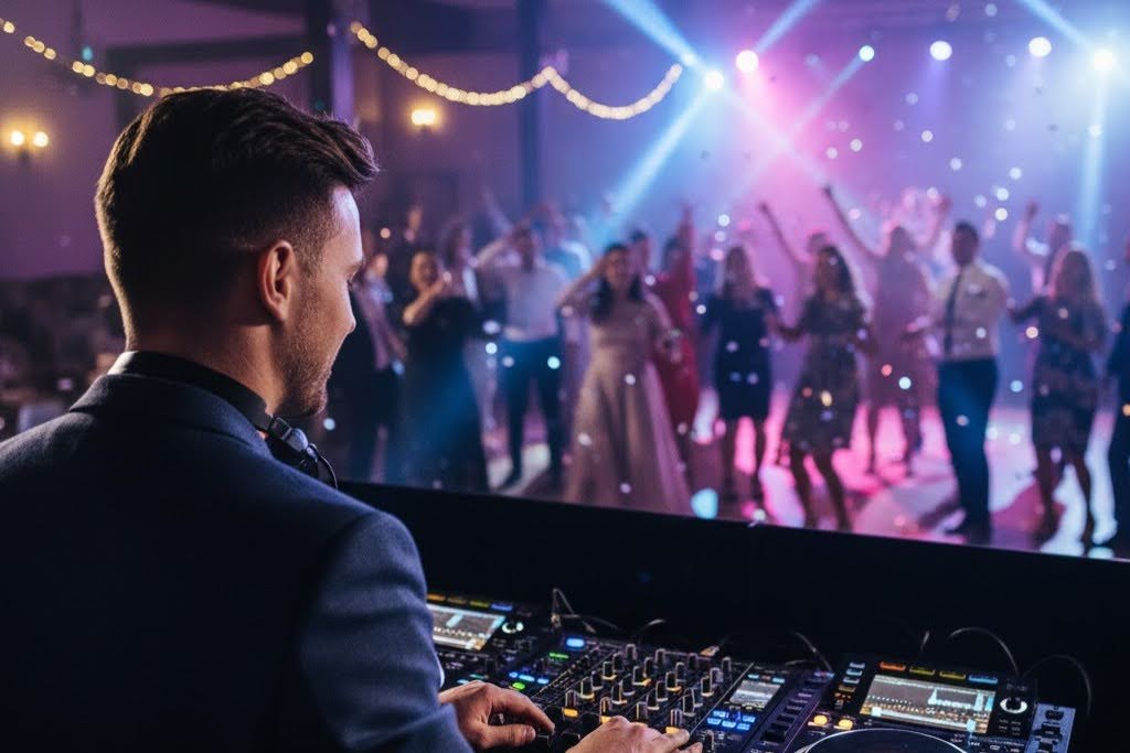 DJ profesional animando la fiesta y el baile con luces espectaculares en la zona de discoteca de una masía para bodas en Barcelona.