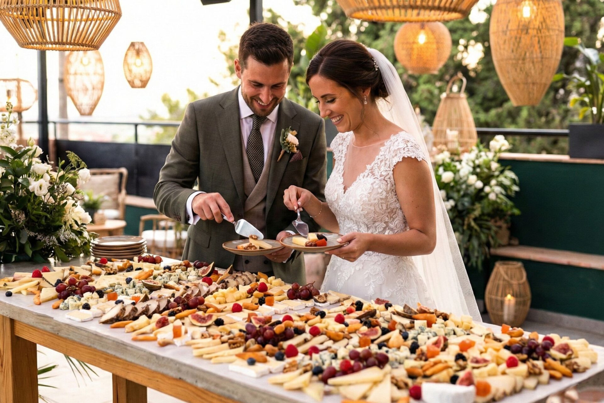 Novios disfrutando del buffet de quesos y aperitivo al aire libre en su boda frente al mar en El Nàutic.