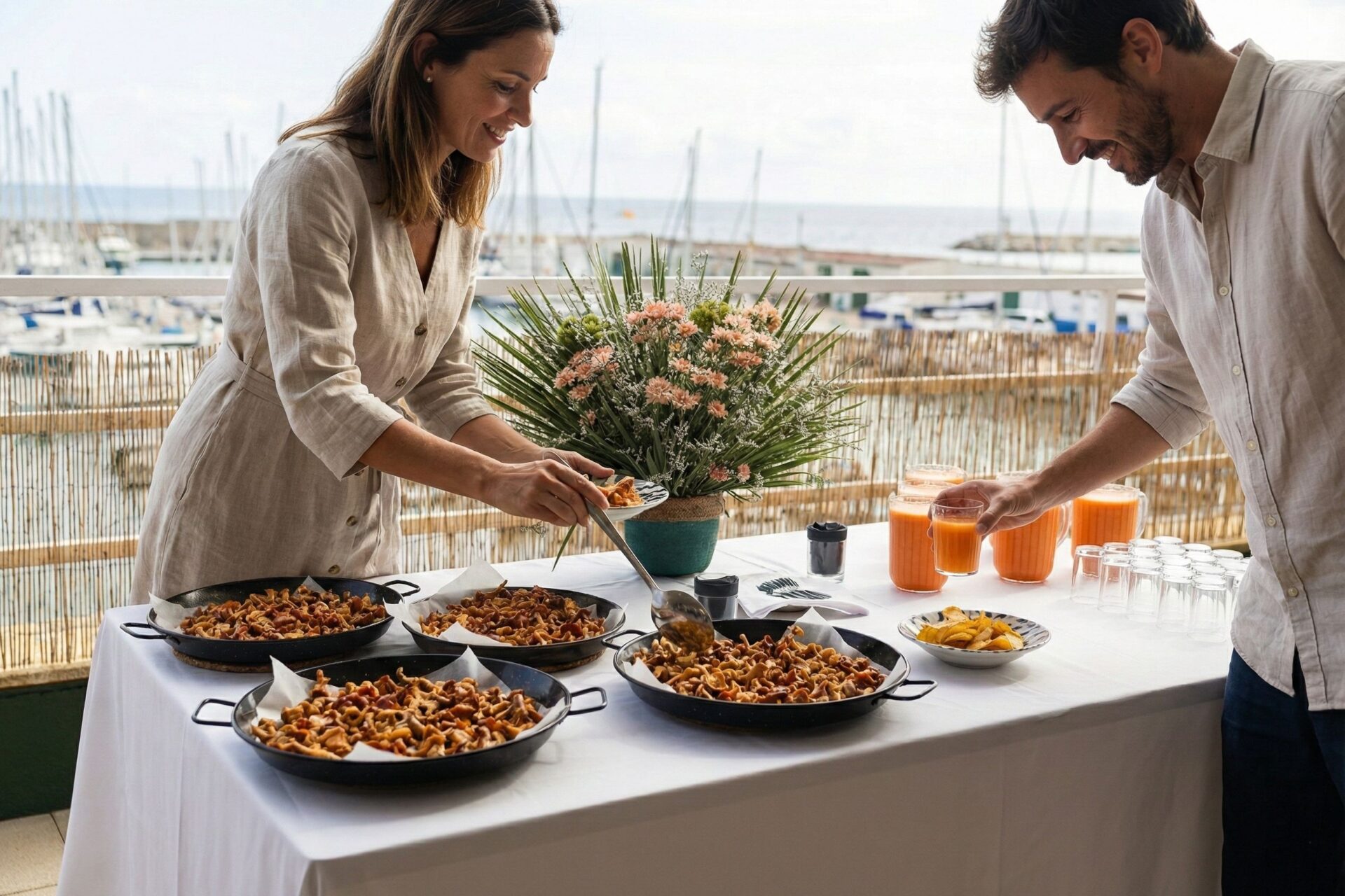 Pareja sirviéndose comida tradicional en un buffet de boda con vistas al puerto deportivo en El Nàutic.