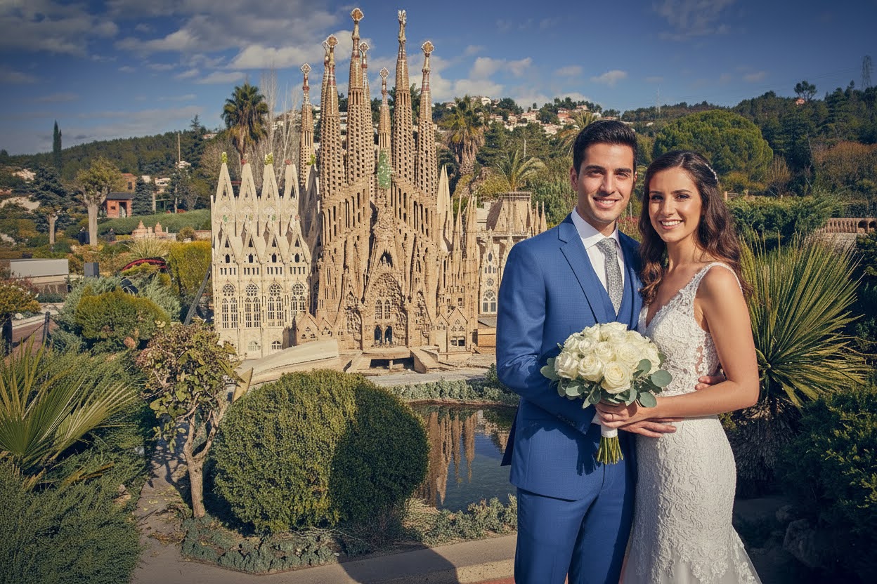 Novios posando junto a la maqueta detallada de la Sagrada Familia en el espacio para bodas La Maquetta en Torrelles de Llobregat.