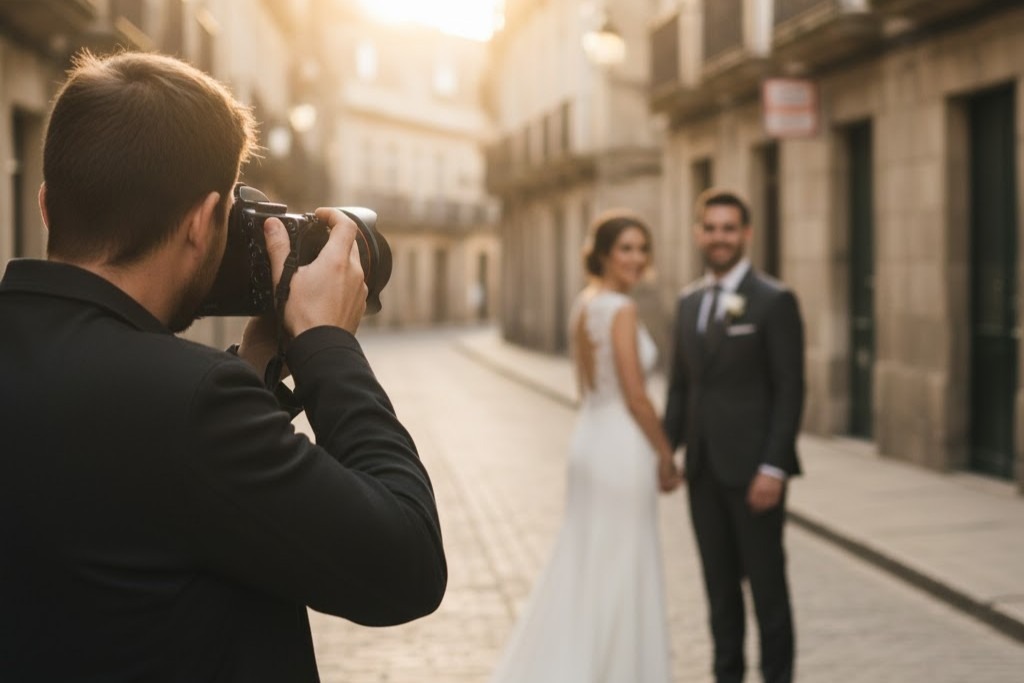 Fotógrafo profesional realizando una sesión de fotos de boda a una pareja de novios en las calles del casco antiguo de Barcelona.