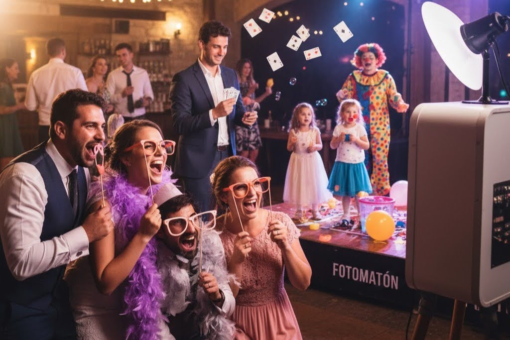 Invitados divirtiéndose en un fotomatón con disfraces y animación infantil en el interior de una masía restaurante para bodas en Barcelona.