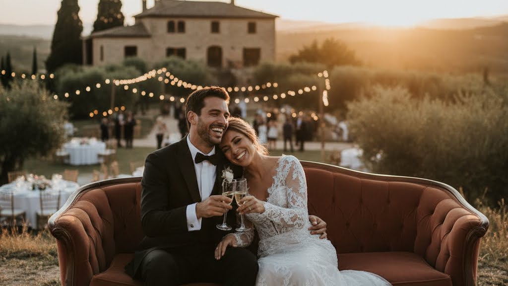 Pareja de novios brindando con champán en un sofá vintage durante una boda al atardecer en una masía restaurante en Barcelona.